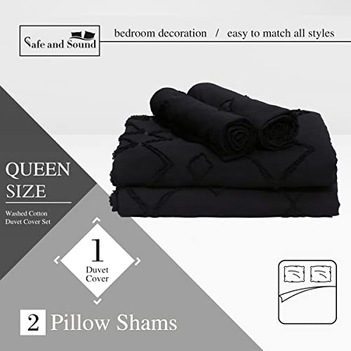 Safe and Sound Duvet Cover, Soft, Breathable 3 Pieces Bedding Set with Zipper Closure, 8 Corner Ties, 2 Pillow Shams, 1 Duvet Cover for All Seasons (Queen, 90X90 Inches, Black-No Comforter)