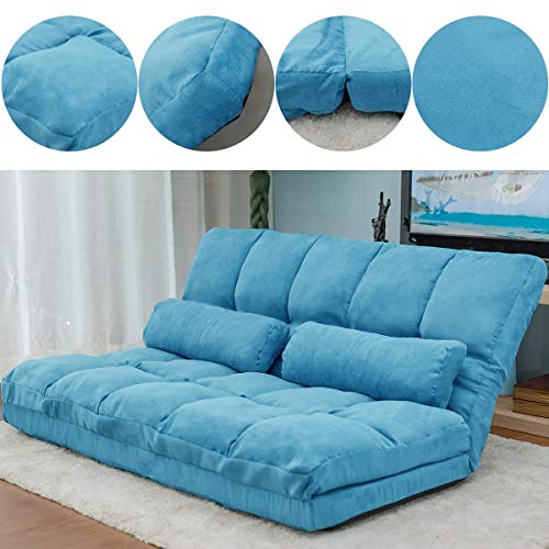 TMEOSK Double Chaise Lounge Sofa with 2 Pillows, 5-Position Reclining Folding Lazy Sofa Sleeper Bed Futon Bed Sofa Couches for Boys|Girls|Teens|Adults |Bedroom|Living Room|Balcony (Blue)