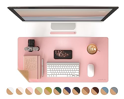 RENMTURE Dual-Sided Desk Pad, Natural Cork & PU Leather Large Mouse mats for Office and Home Work, Desk Protector Non-Slip, Waterproof, Easy Clean (Pink, 32"x16")