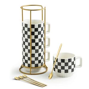 miamolo stackable coffee mug set of 4 with rack 11 oz tea cup set with tea spoon perfect for coffee, tea, cocoa, milk chessboard black and white pattern coffee mug as christmas gifts