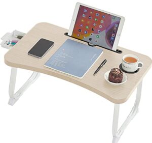 lkbbc foldable laptop desk for bed, bed laptop table with storage, foldable portable lap bed tray, 23.6 inch floor table for drawing, reading and writing, maple