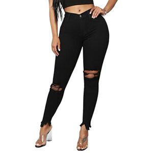 longyida women's high rise ripped skinny jeans stretch slim fit distressed destroyed denim ankle pants(black,l)