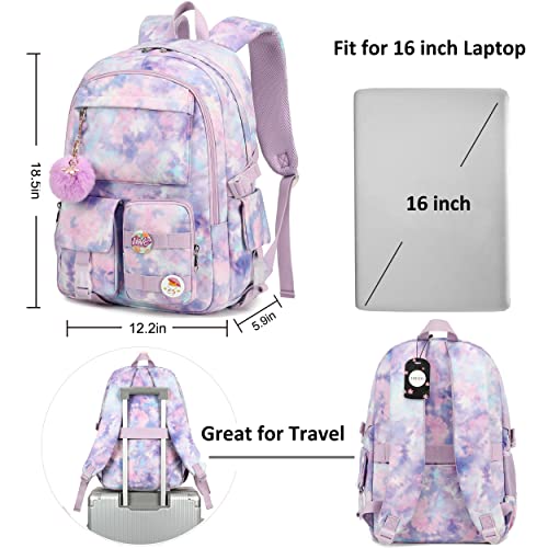 Hidds Laptop Backpacks 16 Inch School Bag College Backpack Anti Theft Travel Daypack Bags Bookbags for Teens Girls Women Students (Tie-Dye Purple)