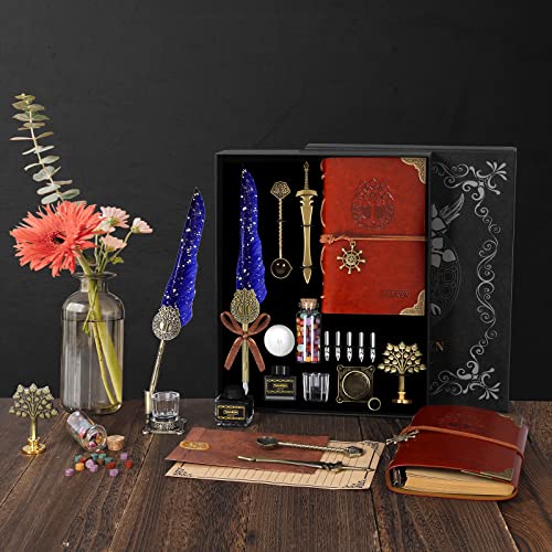 TIANREN Antique Quill Pen and Ink Set,Feather Dip Pen,Life Tree Calligraphy Pen with 5 Replaceable Nibs,Wax Seal Stamp kits,Wax Beads & Writing Notebook Christmas Gift for Men&Women.(Blue)