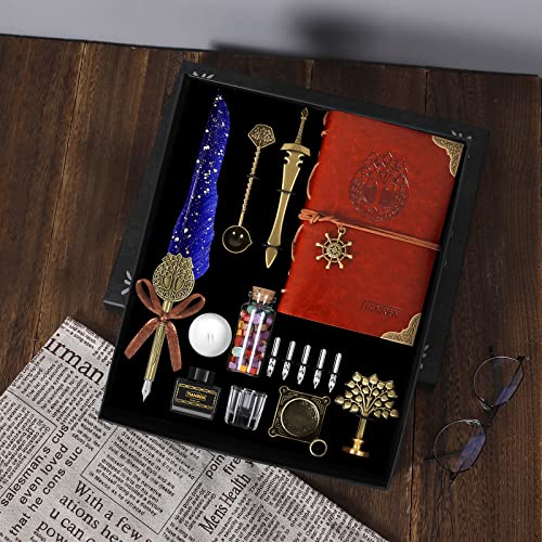 TIANREN Antique Quill Pen and Ink Set,Feather Dip Pen,Life Tree Calligraphy Pen with 5 Replaceable Nibs,Wax Seal Stamp kits,Wax Beads & Writing Notebook Christmas Gift for Men&Women.(Blue)