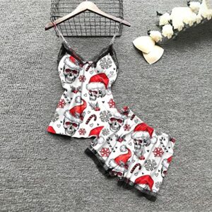 Christmas Lingerie for Women 4 Piece Sets Silk Lace Babydoll Plus Size Sleepwear Spaghetti Strap Xmas Pajama Sets White