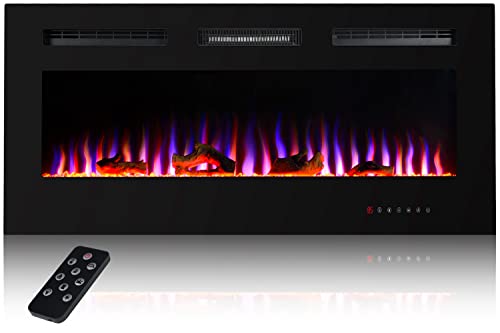 Uthfy 36" Electric Fireplace,1500W Recess & Wall Mounted Fireplace Heater & Linear Fireplace,6 Flame & 9 Ember Bed Colors,Remote Control,8H Timer,Adjustable Thermostat,Log & Crystal, Black (HY-HW36)