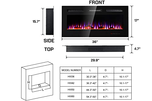 Uthfy 36" Electric Fireplace,1500W Recess & Wall Mounted Fireplace Heater & Linear Fireplace,6 Flame & 9 Ember Bed Colors,Remote Control,8H Timer,Adjustable Thermostat,Log & Crystal, Black (HY-HW36)