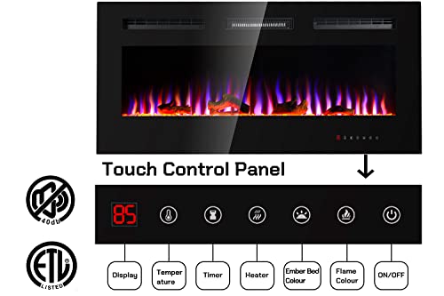 Uthfy 36" Electric Fireplace,1500W Recess & Wall Mounted Fireplace Heater & Linear Fireplace,6 Flame & 9 Ember Bed Colors,Remote Control,8H Timer,Adjustable Thermostat,Log & Crystal, Black (HY-HW36)