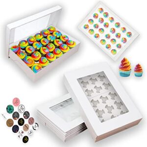 vtpt ecom - 5pk cupcake box with window for 24 standard or mini cupcakes corrugated adjustable height bakery box ideal for muffins cake cookies donuts pies desserts and other pastries + thank you stickers