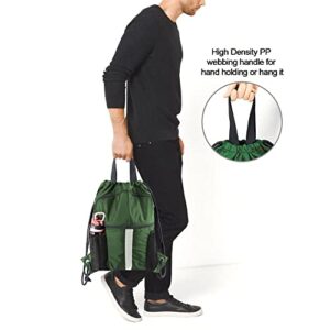 BeeGreen Dark Green Drawstring Backpack with Shoe Compartment X-Large Gym Sports String Cinch Backpack Athletic Sackpack with Front Inside Zipper Pockets