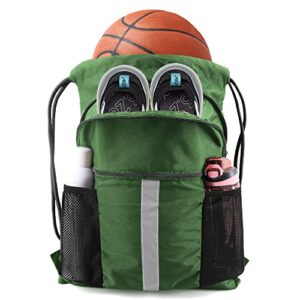 beegreen dark green drawstring backpack with shoe compartment x-large gym sports string cinch backpack athletic sackpack with front inside zipper pockets
