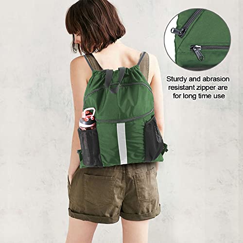 BeeGreen Dark Green Drawstring Backpack with Shoe Compartment X-Large Gym Sports String Cinch Backpack Athletic Sackpack with Front Inside Zipper Pockets