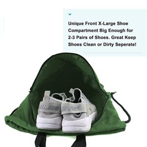 BeeGreen Dark Green Drawstring Backpack with Shoe Compartment X-Large Gym Sports String Cinch Backpack Athletic Sackpack with Front Inside Zipper Pockets