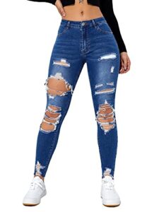 floerns women's cut out ripped jeans raw hem high waist skinny denim pants blue s