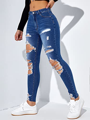 Floerns Women's Cut Out Ripped Jeans Raw Hem High Waist Skinny Denim Pants Blue S