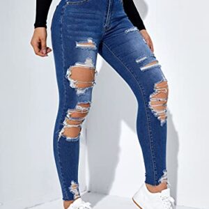 Floerns Women's Cut Out Ripped Jeans Raw Hem High Waist Skinny Denim Pants Blue S