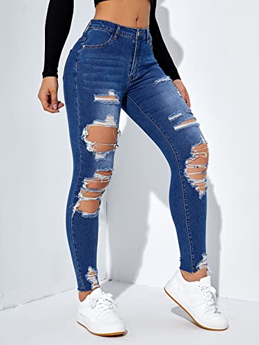 Floerns Women's Cut Out Ripped Jeans Raw Hem High Waist Skinny Denim Pants Blue S