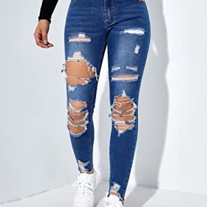 Floerns Women's Cut Out Ripped Jeans Raw Hem High Waist Skinny Denim Pants Blue S
