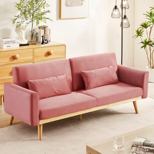 Lamerge Velvet Sleeper Couch with Pillows and Wooden Frame, Upholstered Modern Folding Futon Sofa Bed, Lounge Memory Foam Convertible Loveseat for Living Room, Home & Office (Pink)