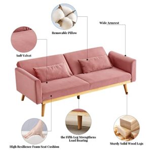 Lamerge Velvet Sleeper Couch with Pillows and Wooden Frame, Upholstered Modern Folding Futon Sofa Bed, Lounge Memory Foam Convertible Loveseat for Living Room, Home & Office (Pink)