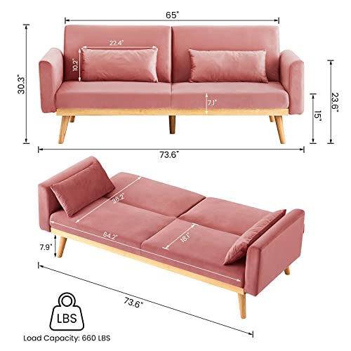 Lamerge Velvet Sleeper Couch with Pillows and Wooden Frame, Upholstered Modern Folding Futon Sofa Bed, Lounge Memory Foam Convertible Loveseat for Living Room, Home & Office (Pink)
