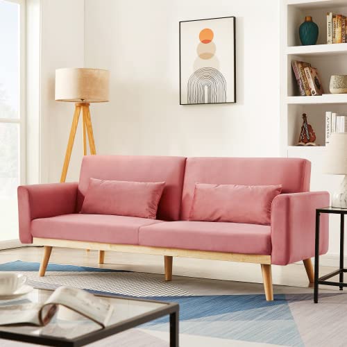 Lamerge Velvet Sleeper Couch with Pillows and Wooden Frame, Upholstered Modern Folding Futon Sofa Bed, Lounge Memory Foam Convertible Loveseat for Living Room, Home & Office (Pink)