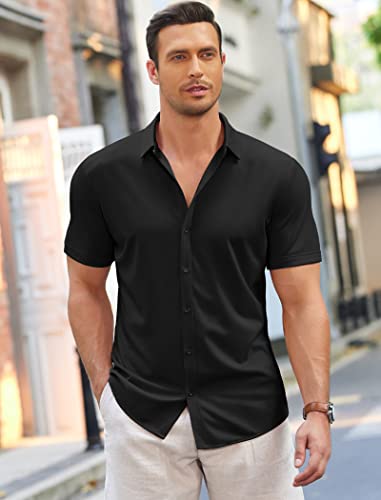 COOFANDY Casual Dress for Men Short Sleeve Button Up Summer Beach Shirts Wrinkle Free Black