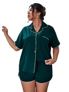 oyoangle women's plus size 2 piece button down pajama set sleepwear lounge set shorts shirt pj set dark green 4xl