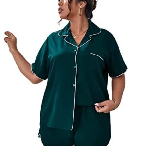 OYOANGLE Women's Plus Size 2 Piece Button Down Pajama Set Sleepwear Lounge Set Shorts Shirt PJ Set Dark Green 4XL