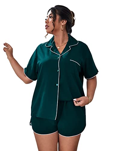 OYOANGLE Women's Plus Size 2 Piece Button Down Pajama Set Sleepwear Lounge Set Shorts Shirt PJ Set Dark Green 4XL