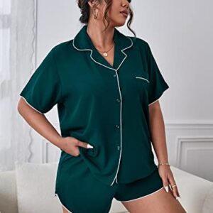 OYOANGLE Women's Plus Size 2 Piece Button Down Pajama Set Sleepwear Lounge Set Shorts Shirt PJ Set Dark Green 4XL