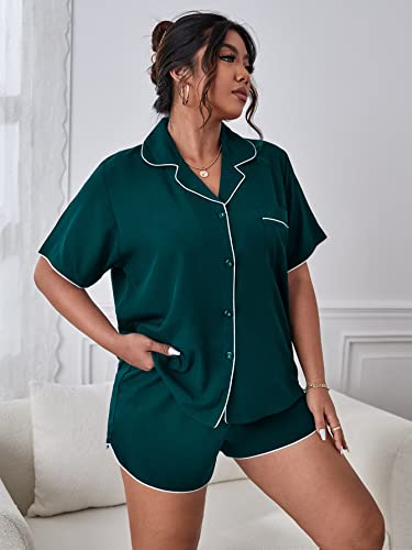 OYOANGLE Women's Plus Size 2 Piece Button Down Pajama Set Sleepwear Lounge Set Shorts Shirt PJ Set Dark Green 4XL