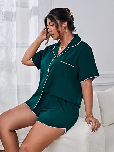 OYOANGLE Women's Plus Size 2 Piece Button Down Pajama Set Sleepwear Lounge Set Shorts Shirt PJ Set Dark Green 4XL