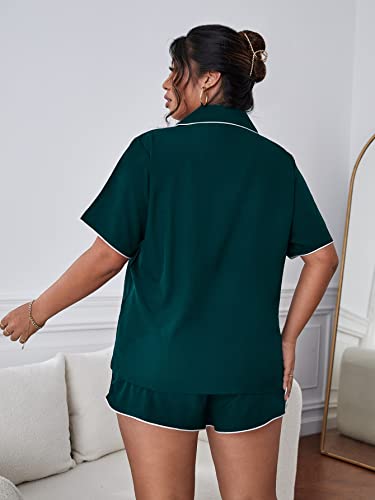 OYOANGLE Women's Plus Size 2 Piece Button Down Pajama Set Sleepwear Lounge Set Shorts Shirt PJ Set Dark Green 4XL
