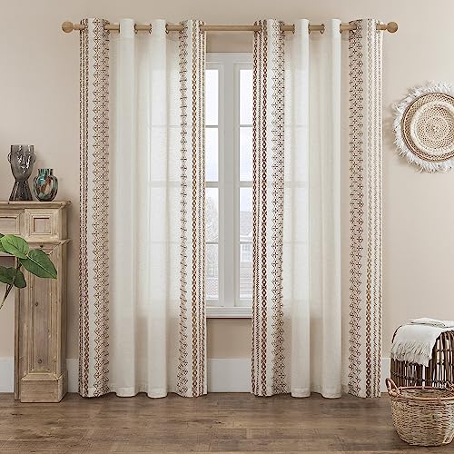 Cream Boho Curtains 108 Inches Long for Living Room bedroom Large Window Curtains 2 Panels Set Grommet Tan Embroidery Flax Drapes for High Ceiling to Floor Length Sliding Glass Doors, 52x108, Taupe