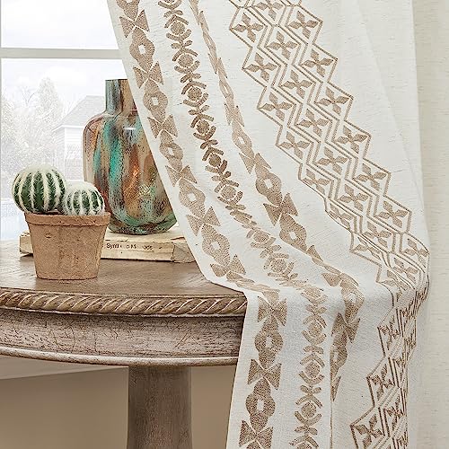 Cream Boho Curtains 108 Inches Long for Living Room bedroom Large Window Curtains 2 Panels Set Grommet Tan Embroidery Flax Drapes for High Ceiling to Floor Length Sliding Glass Doors, 52x108, Taupe