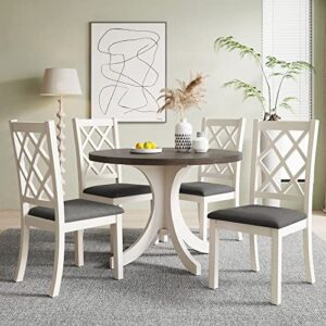 merax 5-piece mid-century solid wood round dining table set with 4 upholstered chairs for small places, family kitchen furniture, white & brown
