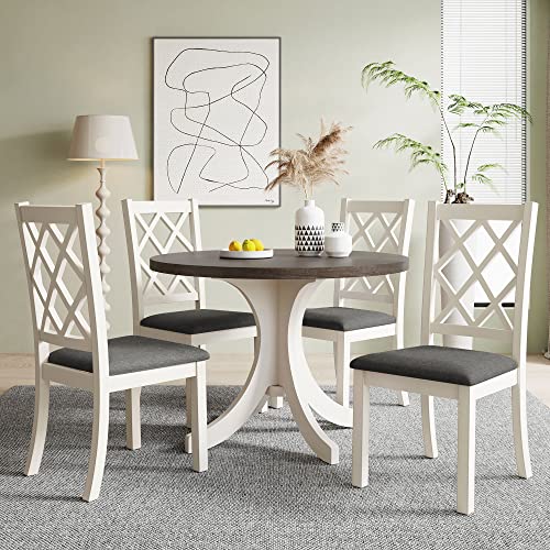 Merax 5-Piece Mid-Century Solid Wood Round Dining Table Set with 4 Upholstered Chairs for Small Places, Family Kitchen Furniture, White & Brown