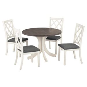 Merax 5-Piece Mid-Century Solid Wood Round Dining Table Set with 4 Upholstered Chairs for Small Places, Family Kitchen Furniture, White & Brown