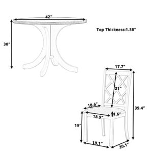 Merax 5-Piece Mid-Century Solid Wood Round Dining Table Set with 4 Upholstered Chairs for Small Places, Family Kitchen Furniture, White & Brown