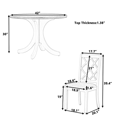 Merax 5-Piece Mid-Century Solid Wood Round Dining Table Set with 4 Upholstered Chairs for Small Places, Family Kitchen Furniture, White & Brown