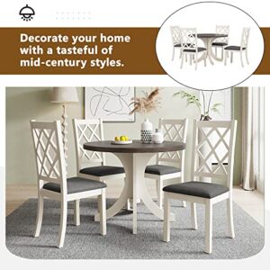 Merax 5-Piece Mid-Century Solid Wood Round Dining Table Set with 4 Upholstered Chairs for Small Places, Family Kitchen Furniture, White & Brown