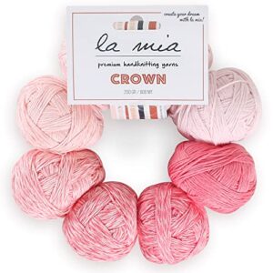 8 balls la mia crown yarn, total 7.05 oz (200 gr), each 0.88 oz (25 gr), 800 mt (874 yds), knitting and crocheting, 50% cotton and 50% acrylic, 2 weight fine yarn, pink l901