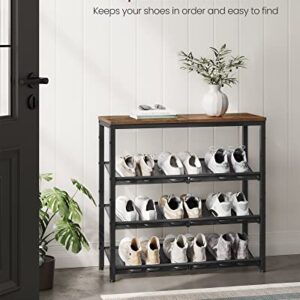 VASAGLE Shoe Rack for Entryway, 4 Tier Shoe Storage Shelves, 12-15 Pairs Shoe Organizer, with Sturdy Wooden Top and Steel Frame, Free Standing, Industrial, Rustic Brown and Black ULBS040B01