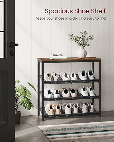 VASAGLE Shoe Rack for Entryway, 4 Tier Shoe Storage Shelves, 12-15 Pairs Shoe Organizer, with Sturdy Wooden Top and Steel Frame, Free Standing, Industrial, Rustic Brown and Black ULBS040B01