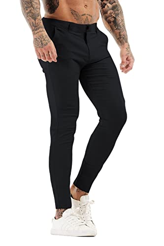 GINGTTO Men's Flat Front Pants Skinny Slim Fit Dress Pants for Men Stretchy Trousers(Black Plain,30)