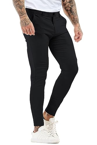 GINGTTO Men's Flat Front Pants Skinny Slim Fit Dress Pants for Men Stretchy Trousers(Black Plain,30)