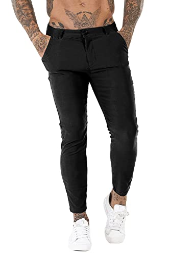 GINGTTO Men's Flat Front Pants Skinny Slim Fit Dress Pants for Men Stretchy Trousers(Black Plain,30)