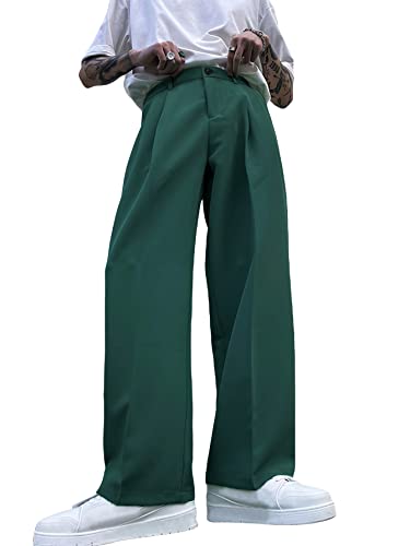 Milumia Men's Casual High Waisted Wide Leg Long Pants Button Zipper Fly Loose Trousers Green Large